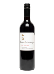 Red wine bottle with 'Fabre Montmayou' label on a white background
