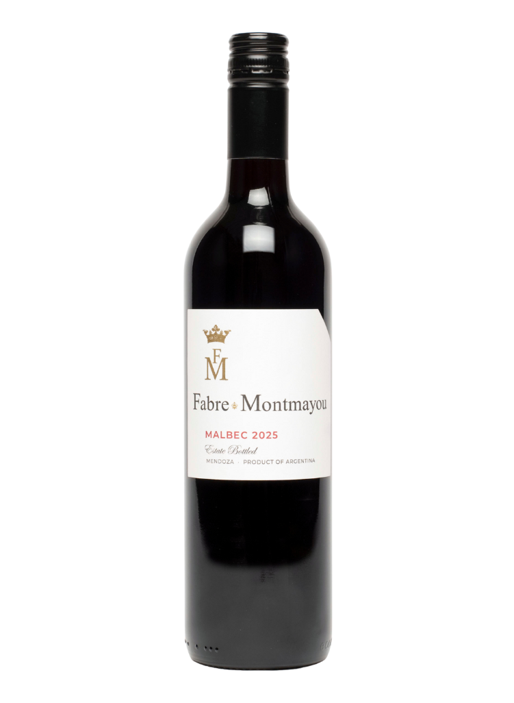 Red wine bottle with 'Fabre Montmayou' label on a white background